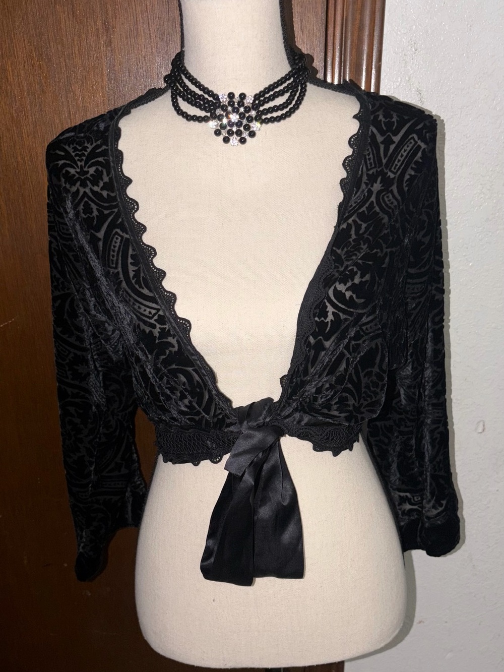 Vtg Talbots Black Velvet Burnout Tie-Front Bolero